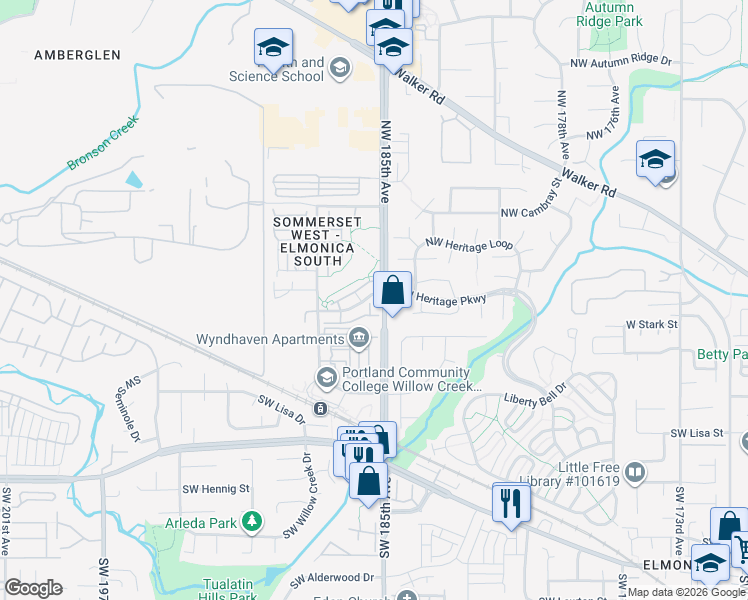 map of restaurants, bars, coffee shops, grocery stores, and more near 10890 Northeast Red Wing Way in Hillsboro