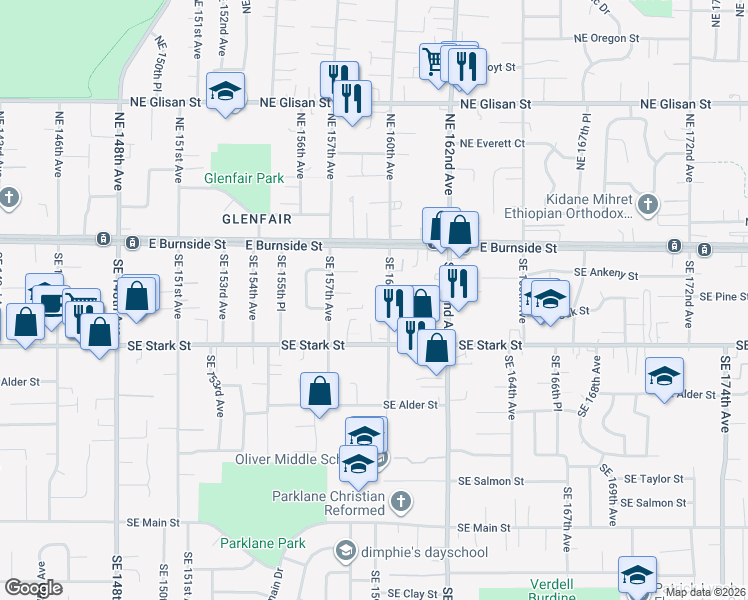 map of restaurants, bars, coffee shops, grocery stores, and more near 247F Southeast 160th Avenue in Portland