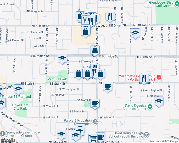 map of restaurants, bars, coffee shops, grocery stores, and more near 11929 Southeast Pine Street in Portland