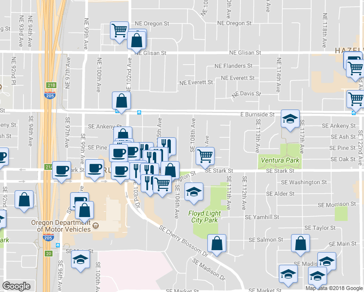 map of restaurants, bars, coffee shops, grocery stores, and more near 245 Southeast 108th Avenue in Portland