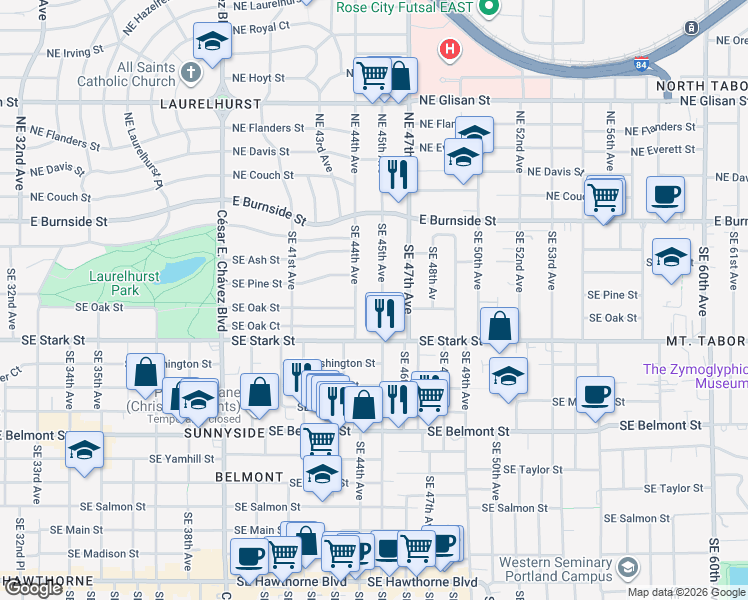 map of restaurants, bars, coffee shops, grocery stores, and more near 354 Southeast 45th Avenue in Portland
