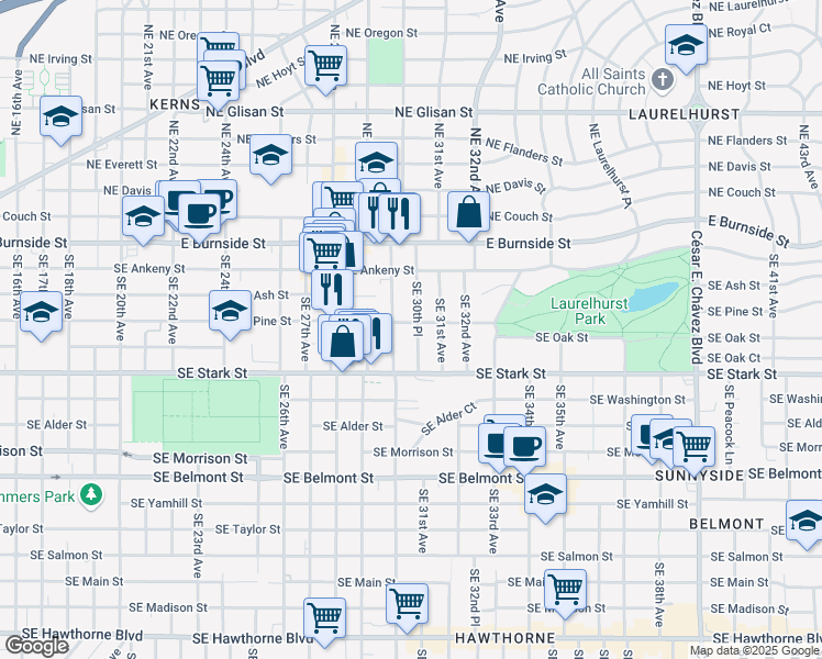 map of restaurants, bars, coffee shops, grocery stores, and more near 20 Southeast Pine Street in Portland