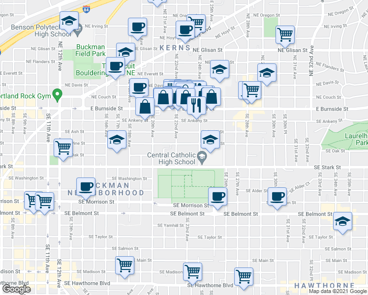 map of restaurants, bars, coffee shops, grocery stores, and more near 2232 Southeast Pine Street in Portland