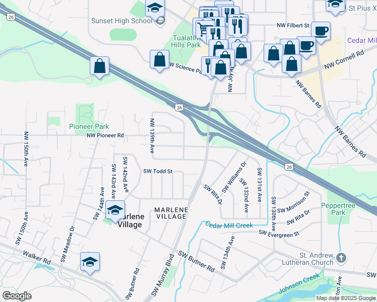 map of restaurants, bars, coffee shops, grocery stores, and more near 13640 Northwest Mill Creek Drive in Portland