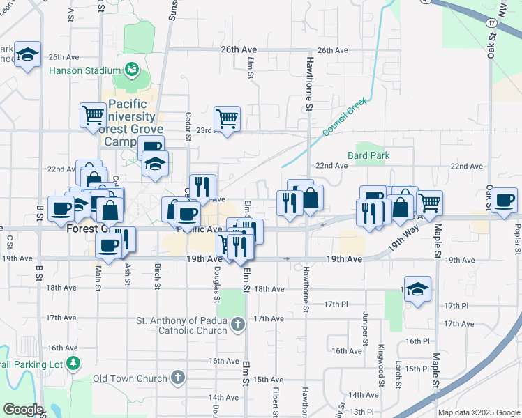 map of restaurants, bars, coffee shops, grocery stores, and more near 2528 21st Avenue in Forest Grove