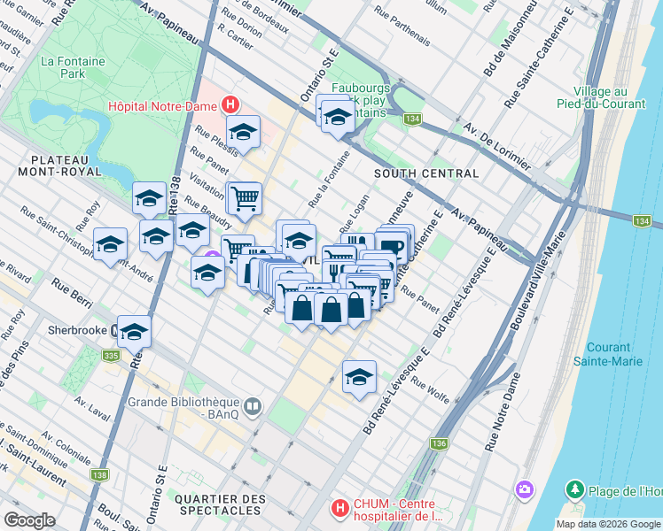map of restaurants, bars, coffee shops, grocery stores, and more near 1629 Rue de la Visitation in Montréal