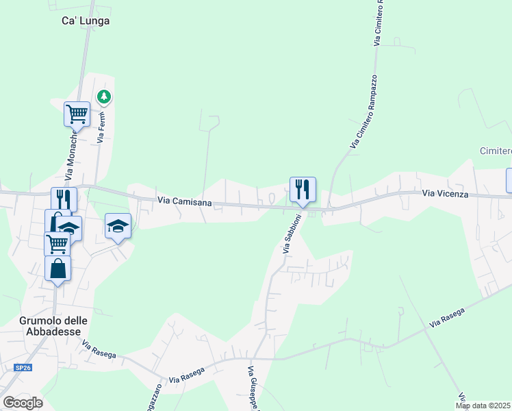 map of restaurants, bars, coffee shops, grocery stores, and more near 84 Via Camisana in Grumolo delle Abbadesse