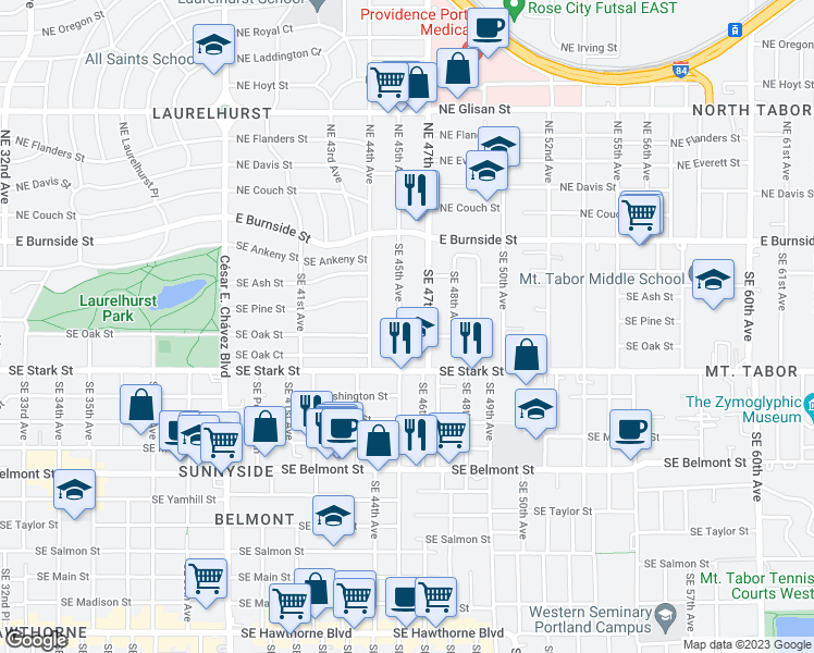 map of restaurants, bars, coffee shops, grocery stores, and more near 354 Southeast 45th Avenue in Portland