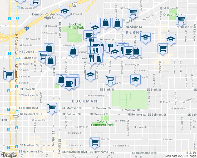map of restaurants, bars, coffee shops, grocery stores, and more near 1804 Southeast Pine Street in Portland