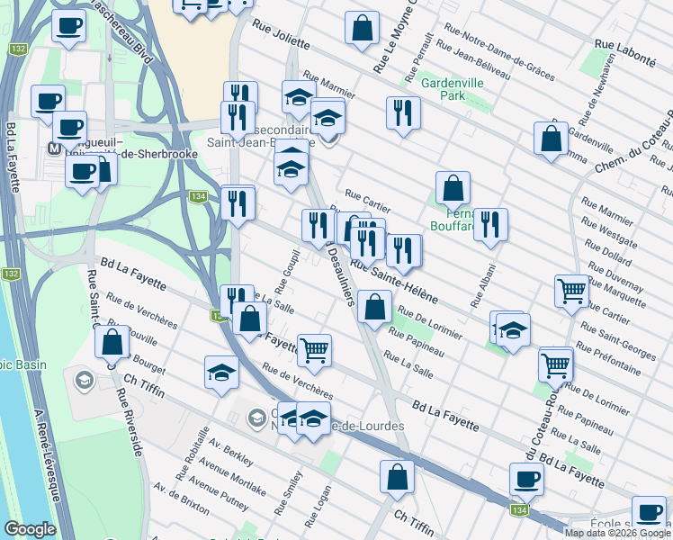 map of restaurants, bars, coffee shops, grocery stores, and more near 1163 Boulevard Desaulniers in Longueuil