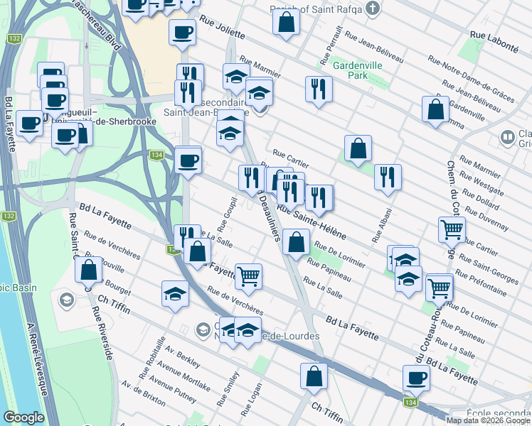 map of restaurants, bars, coffee shops, grocery stores, and more near 1163 Boulevard Desaulniers in Longueuil