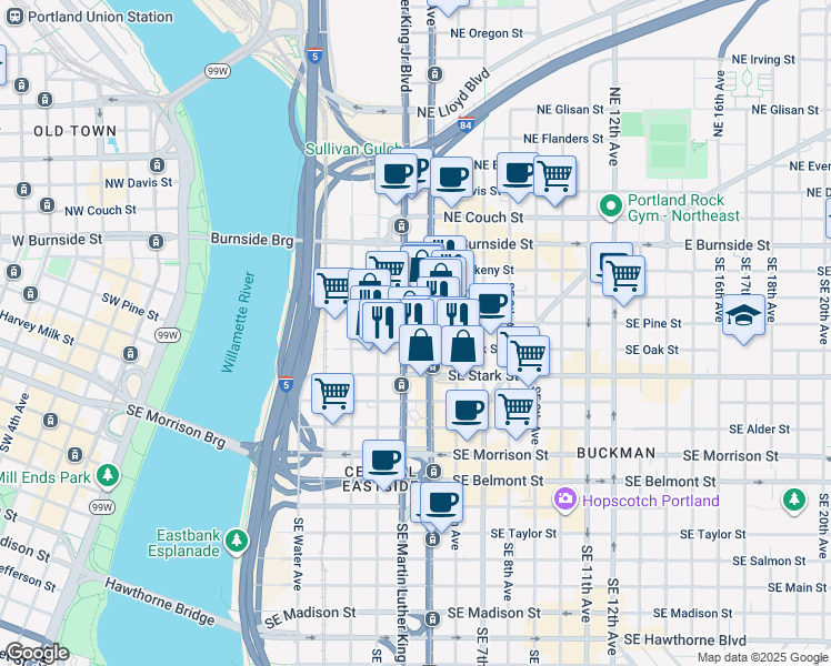 map of restaurants, bars, coffee shops, grocery stores, and more near 317 Southeast Grand Avenue in Portland