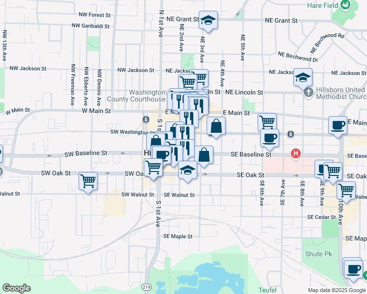 map of restaurants, bars, coffee shops, grocery stores, and more near 264 Southeast 2nd Avenue in Hillsboro