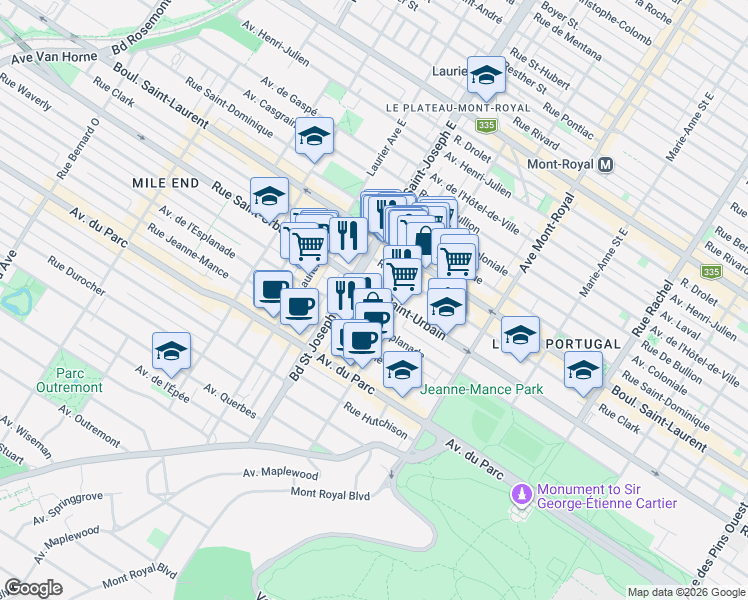 map of restaurants, bars, coffee shops, grocery stores, and more near 4850 Rue Saint-Urbain in Montréal