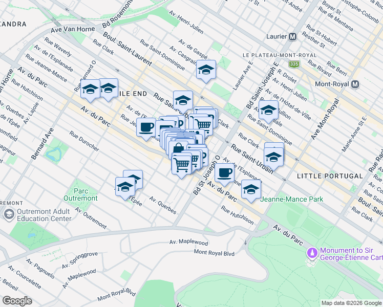 map of restaurants, bars, coffee shops, grocery stores, and more near 5099 Rue Jeanne-Mance in Montrã©Al