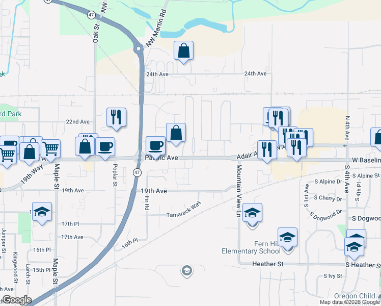 map of restaurants, bars, coffee shops, grocery stores, and more near 3831 Pacific Avenue in Forest Grove