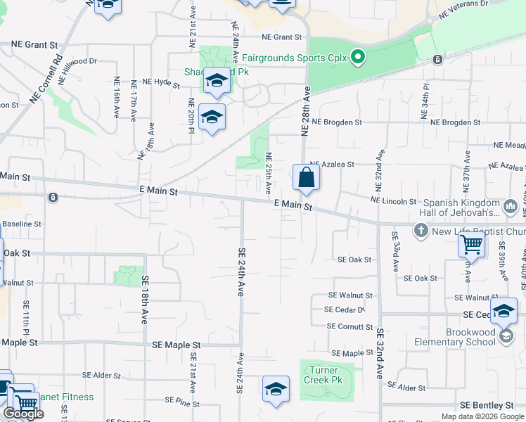 map of restaurants, bars, coffee shops, grocery stores, and more near 2466 East Main Street in Hillsboro