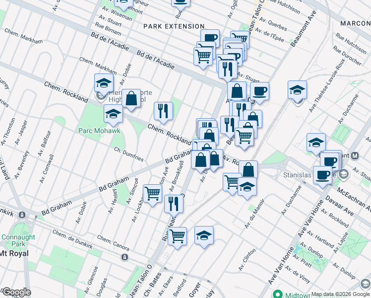 map of restaurants, bars, coffee shops, grocery stores, and more near 341 Boulevard Graham in Mont-Royal