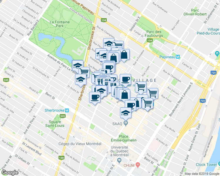 map of restaurants, bars, coffee shops, grocery stores, and more near 1899 Rue Wolfe in Montréal