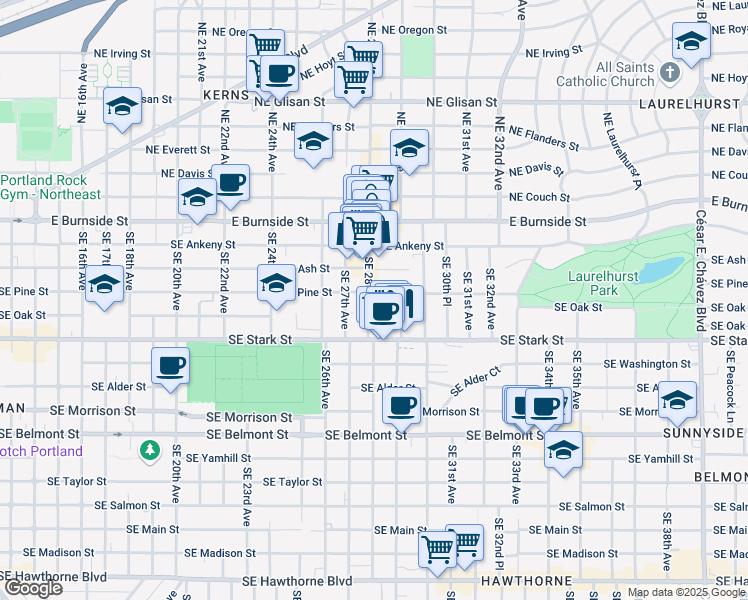 map of restaurants, bars, coffee shops, grocery stores, and more near 310 Southeast 28th Avenue in Portland