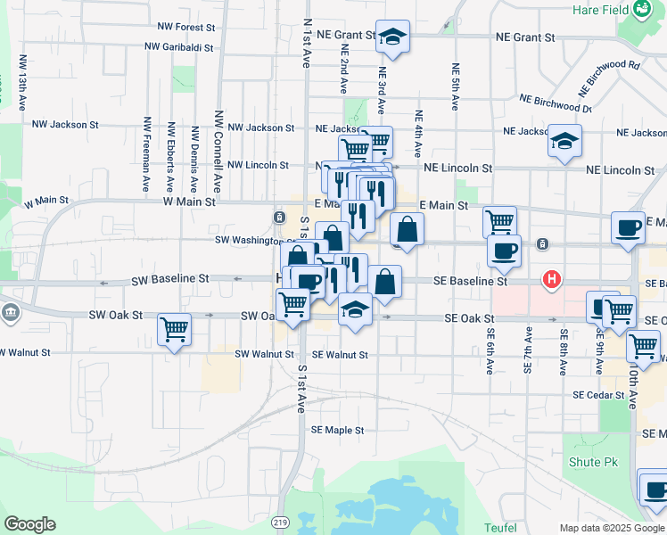 map of restaurants, bars, coffee shops, grocery stores, and more near 264 Southeast 2nd Avenue in Hillsboro
