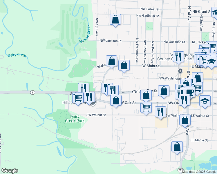 map of restaurants, bars, coffee shops, grocery stores, and more near 1049 Southwest Baseline Street in Hillsboro