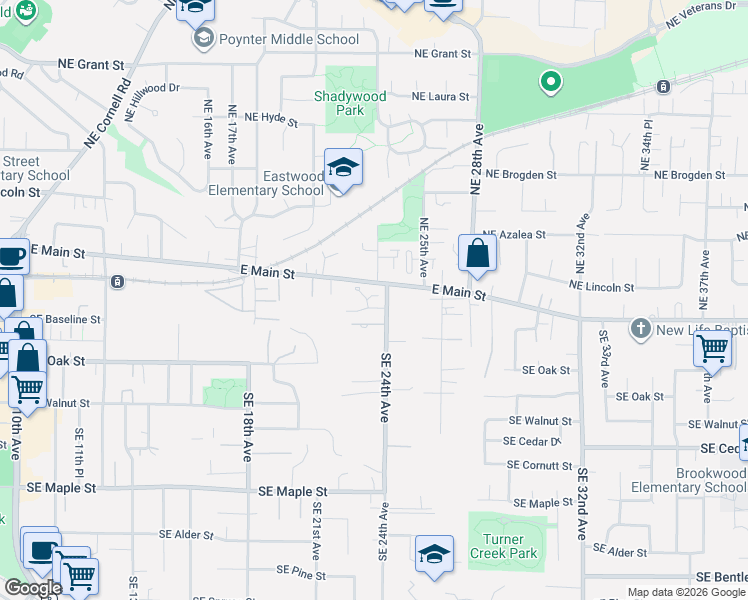 map of restaurants, bars, coffee shops, grocery stores, and more near 2375 Southeast Washington Court in Hillsboro