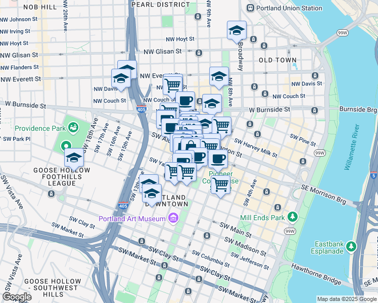 map of restaurants, bars, coffee shops, grocery stores, and more near 611 Southwest 10th Avenue in Portland
