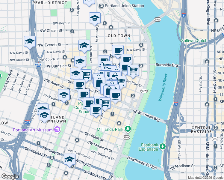map of restaurants, bars, coffee shops, grocery stores, and more near SW 4th Ave & SW Stark St in Portland