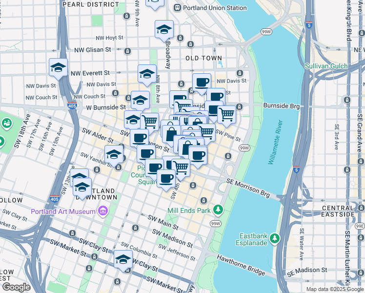 map of restaurants, bars, coffee shops, grocery stores, and more near 408 Southwest 5th Avenue in Portland
