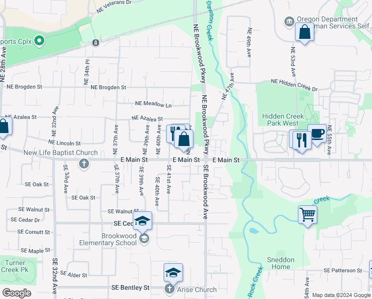 map of restaurants, bars, coffee shops, grocery stores, and more near 153 Northeast 43rd Avenue in Hillsboro