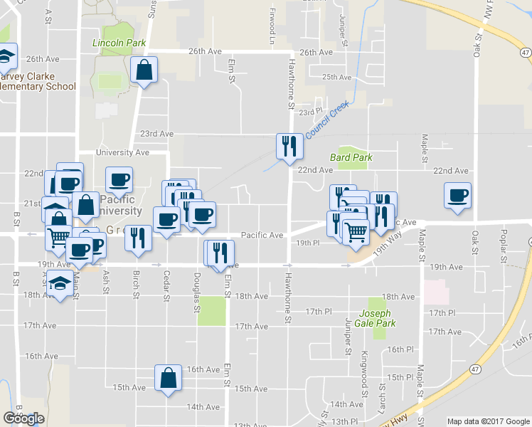 map of restaurants, bars, coffee shops, grocery stores, and more near 2027 Filbert Street in Forest Grove