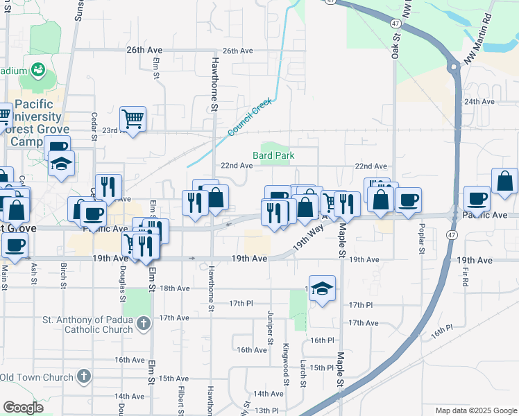 map of restaurants, bars, coffee shops, grocery stores, and more near 2825 Pacific Avenue in Forest Grove