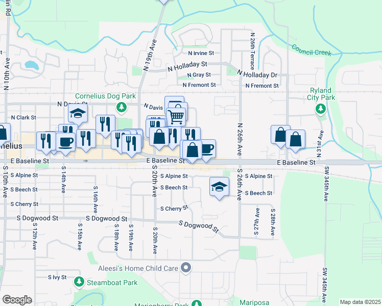 map of restaurants, bars, coffee shops, grocery stores, and more near 2246 East Baseline Street in Cornelius