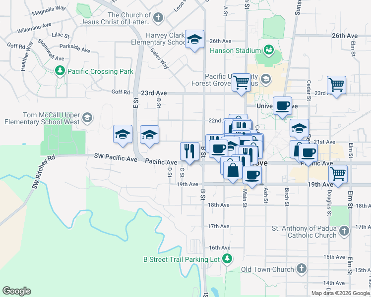 map of restaurants, bars, coffee shops, grocery stores, and more near 2027 C Street in Forest Grove