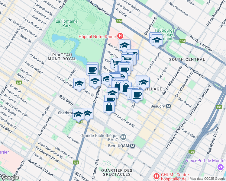 map of restaurants, bars, coffee shops, grocery stores, and more near 2035 Rue Amherst in Montreal