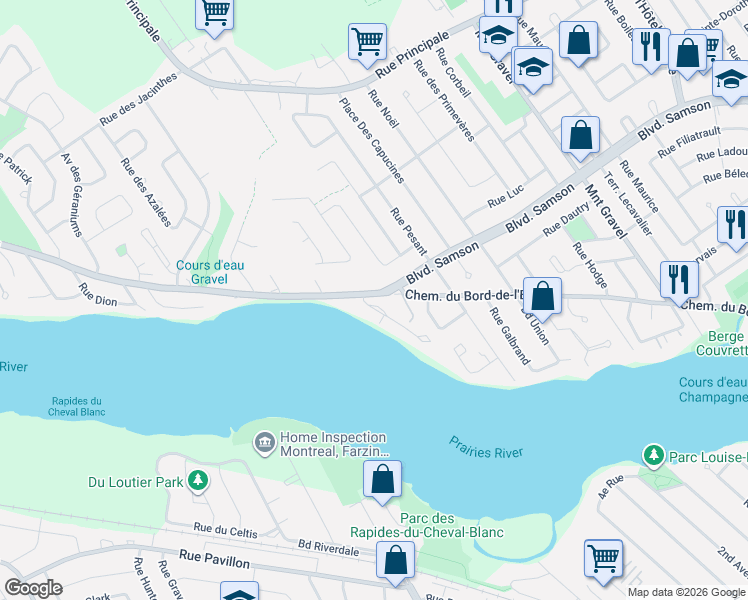 map of restaurants, bars, coffee shops, grocery stores, and more near 701 Place des Rapides in Laval