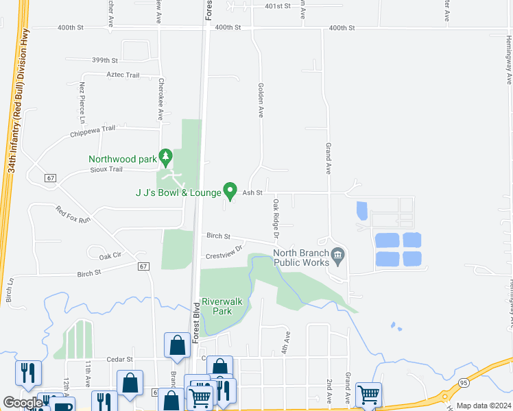 map of restaurants, bars, coffee shops, grocery stores, and more near 6499 Ash St in North Branch