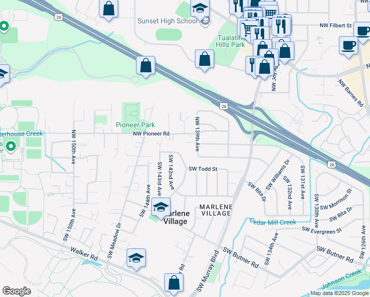 map of restaurants, bars, coffee shops, grocery stores, and more near 14139 Southwest Todd Street in Beaverton