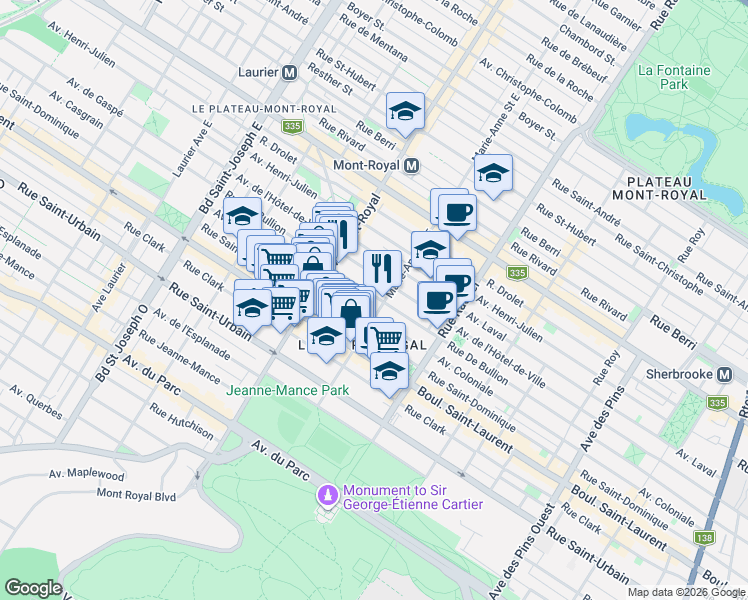 map of restaurants, bars, coffee shops, grocery stores, and more near 4368 Rue De Bullion in Montréal