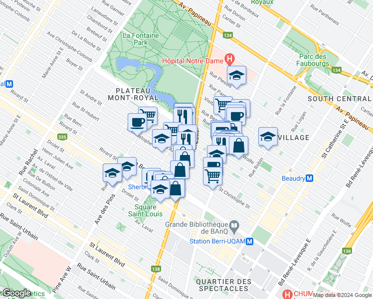 map of restaurants, bars, coffee shops, grocery stores, and more near 1001 Rue Sherbrooke Est in Montreal