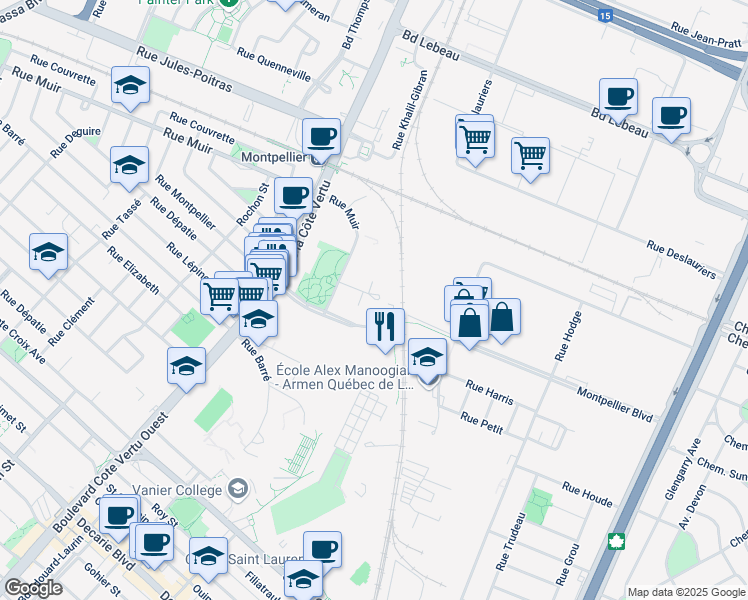 map of restaurants, bars, coffee shops, grocery stores, and more near 740 Place Fortier in Montreal