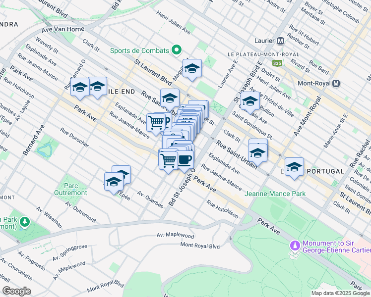map of restaurants, bars, coffee shops, grocery stores, and more near 224 Avenue Laurier Ouest in Montréal