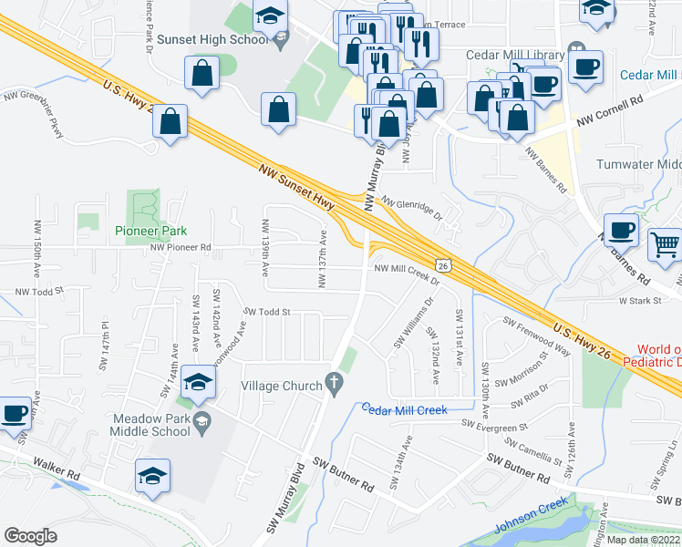 map of restaurants, bars, coffee shops, grocery stores, and more near 13640 Northwest Mill Creek Drive in Portland