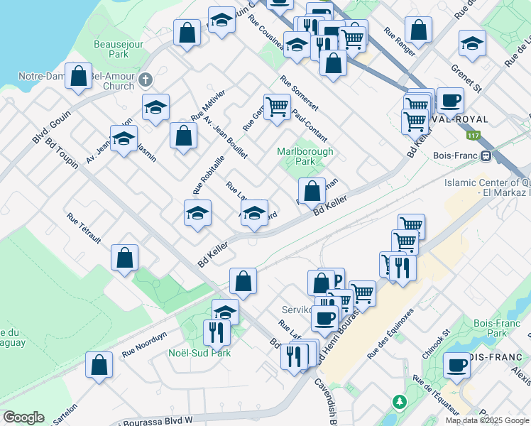 map of restaurants, bars, coffee shops, grocery stores, and more near 3127 Rue Savard in Montréal