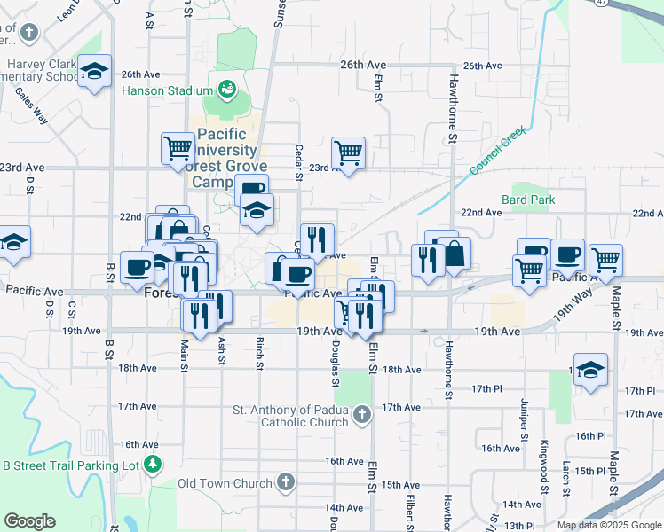 map of restaurants, bars, coffee shops, grocery stores, and more near 2333 Pacific Avenue in Forest Grove