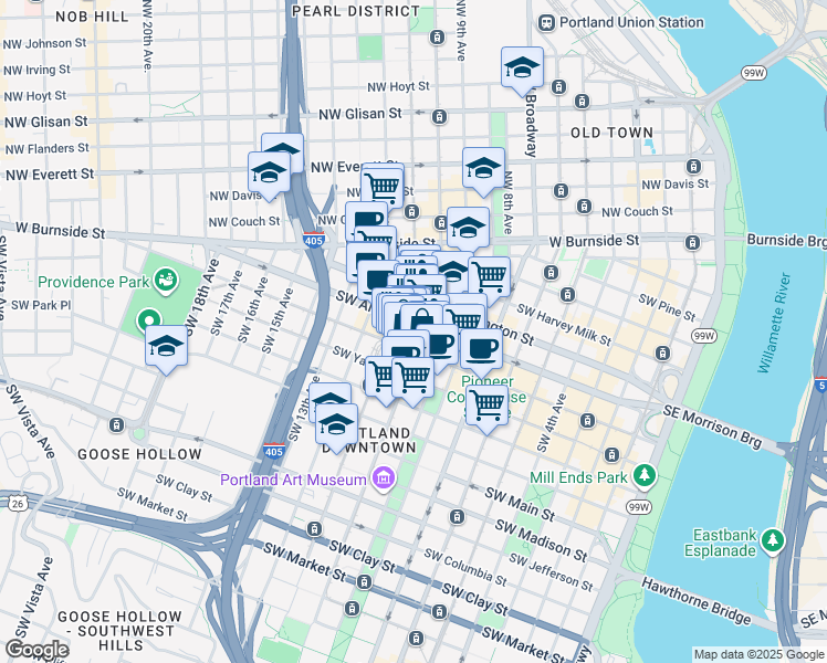 map of restaurants, bars, coffee shops, grocery stores, and more near 611 Southwest 10th Avenue in Portland