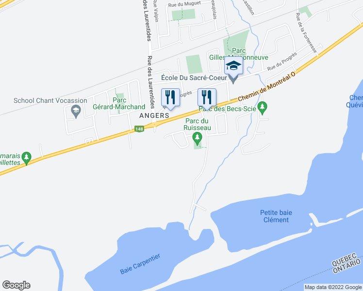 map of restaurants, bars, coffee shops, grocery stores, and more near 125 Rue des Sarcelles in Gatineau