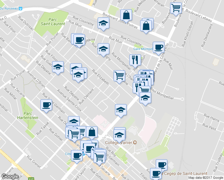 map of restaurants, bars, coffee shops, grocery stores, and more near 1210 Rue Elizabeth in Montréal