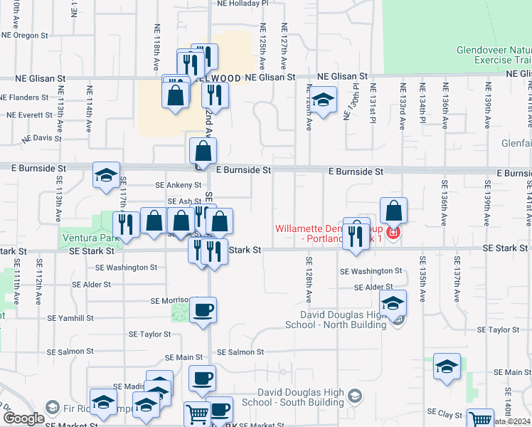 map of restaurants, bars, coffee shops, grocery stores, and more near 211 Southeast 126th Avenue in Portland